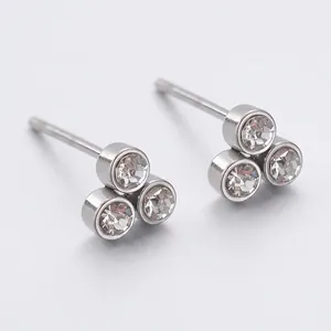 Stainless Steel Zirconia Three Stone Cluster Stud Earrings Simple Geometric Round Earrings For Women Daily Jewelry Gift