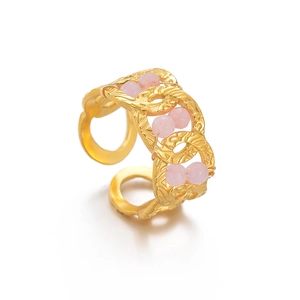 Retro geometric hollow gold ring with pink bead accents and adjustable open design