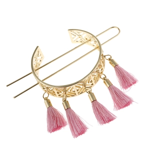 Golden geometric hollow hair bun cage with vintage pink tassels and matching hairpin