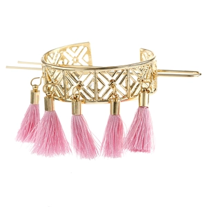 Vintage gold hollow flower hair bun crown with pink silk tassels and long hair pin