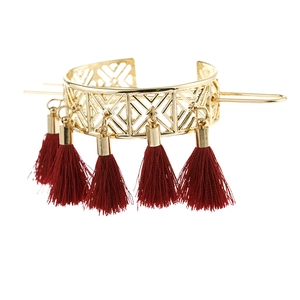 Vintage gold hollow geometric hair pin set with elegant reddish brown tassels