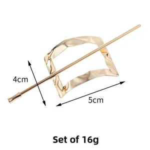 Detailed view of hollow trapezoid hair stick with wavy metal texture and dimensions