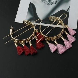 Retro geometric hollow flower hair sticks with long tassels in gold and pink finishes