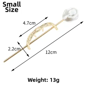 Detail view of small gold hair pin with baroque pearl showing dimensions 12cm by 4.7cm
