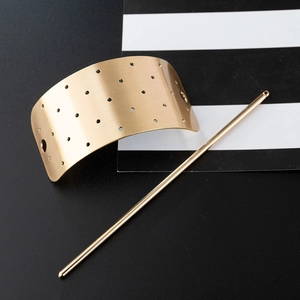 Minimalist gold rectangular brushed metal hair slide with hollow pattern and pin set