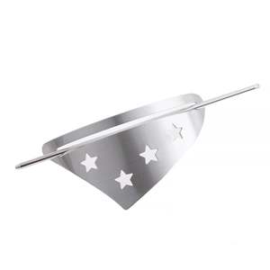Detailed macro view of a silver geometric hair pin with hollow star pattern design