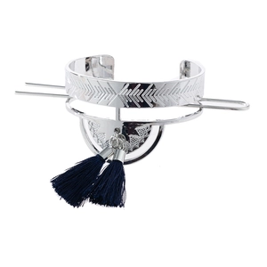 Silver retro fan-shaped hair pin with engraved patterns and blue silk tassels
