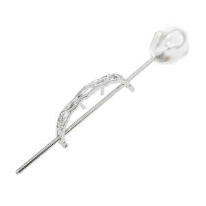 Elegant silver metal hair pin with textured arch design and a white baroque pearl