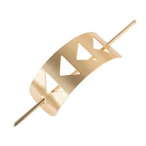 Minimalist golden metal hair stick with geometric hollow design and brushed finish texture
