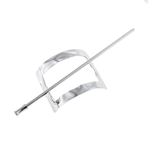 Detailed view of silver metallic hair pin and hollow square hair ring with wavy edges