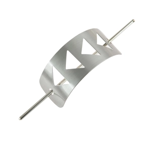 Minimalist silver metal hair pin with geometric triangle cutouts and brushed finish