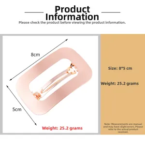 Macro detail of rose gold hair clip showing 8x5cm dimensions and brushed metal texture