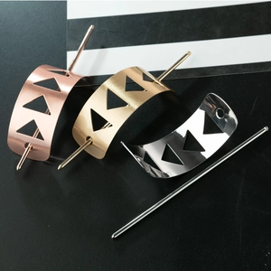 Minimalist geometric hollow metal hair sticks set in rose gold, gold, and silver finishes