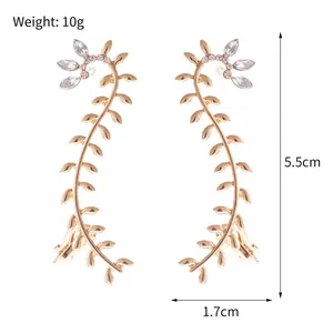 Golden vine ear cuff earrings with sparkling crystals for women, height 5.5cm, weight 10g