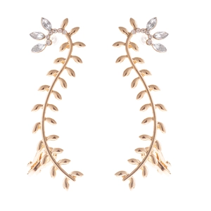 Close-up of golden leaf ear clips with vine design and sparkling rhinestones