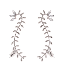 Silver leaf vine ear clips with sparkling crystals in a minimalist nature design