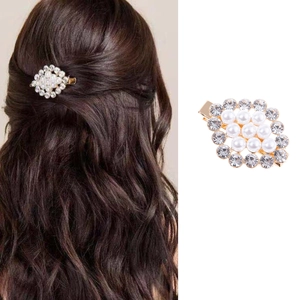 Elegant Women Alloy Faux Artificial Pearl Rhinestone Hair Clip Geometric Rhombus Duckbill Clip Gold Silver Wedding Party Hair Accessory
