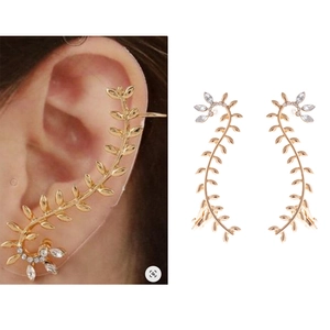 Elegant Alloy Leaf Vine Branch Stud Earrings For Women Rhinestone Inlaid Gold Silver Plated Forest Style Ear Cuff Jewelry
