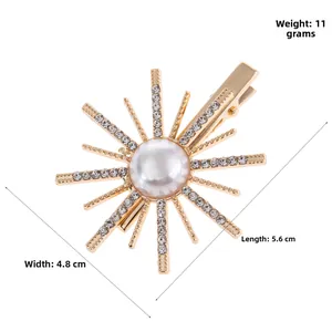Detail view of sunflower hair clip dimensions 5.6cm by 4.8cm with pearls and rhinestones