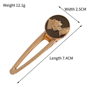 Vintage gold alloy hair clip with classical embossed portrait 7.4cm long for women