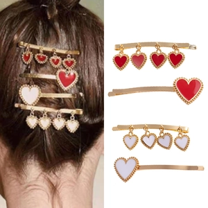 Vintage Gold Alloy Heart Hair Clips Set For Women Enameled Red White Heart Dangle Bobby Pins Hair Accessories Fashion Jewelry