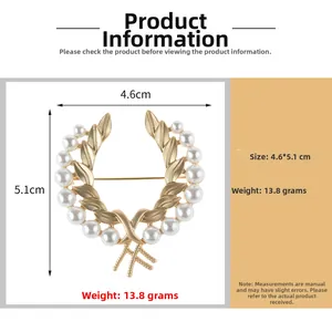 Détails de la broche couronne de blé dorée avec perles, taille 4,6x5,1cm, poids 13,8g