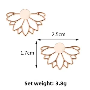 Detail view of rose gold lotus stud earrings with dimensions 2.5cm width and 1.7cm height