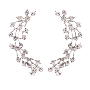 Detail view of silver-tone hollow grape cluster earrings with sparkling crystal rhinestones