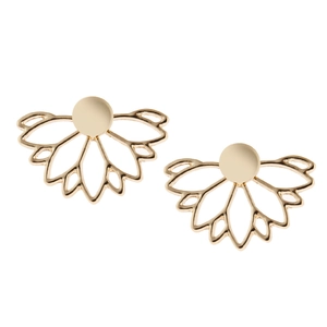 Detailed view of hollow lotus-shaped gold earrings with geometric layered design