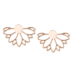 Detailed view of rose gold lotus petal cutout earrings with round stud fastening
