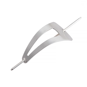 Close-up of a silver brushed hollow triangle hair clip with a long metal pin fastener