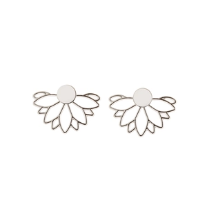 Detailed view of polished silver lotus ear jackets with hollow petal design for women