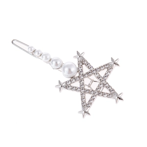 Sparkling star hair clip featuring rhinestones and elegant pearls on white background
