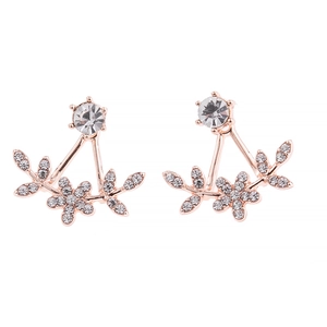 Detailed view of rose gold floral ear jacket earrings with crystal petal accents