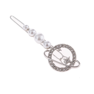 Silver alloy hair clip with gradient faux pearls and rhinestone planet star design