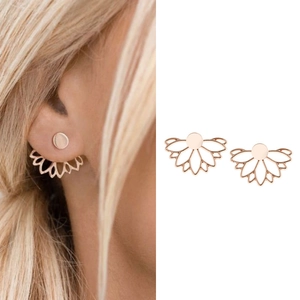 Vintage Alloy Hollow Lotus Flower Ear Jackets Gold Silver Rose Gold Plated Floral Stud Earrings For Women Daily Party Jewelry