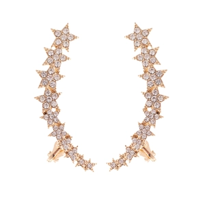 Sparkling gold star ear cuffs with inlaid rhinestones in a curved celestial design