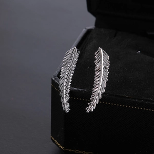 Close-up of silver feather-shaped ear hooks with detailed texture on a jewelry box