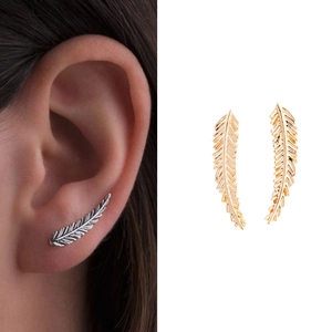 Women Alloy Feather Shape Ear Climbers Exaggerated Leaf Design Ear Crawlers Gold Silver Metal Earrings For Party Jewelry