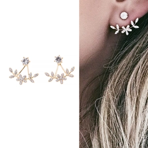 Elegant Alloy Rhinestone Flower Petal Ear Jacket Earrings For Women Wedding Party Jewelry Accessories Shiny Crystal Studs