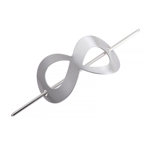 Detail of silver infinity metal hair pin with a brushed finish and polished long stick