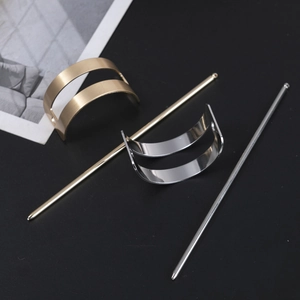 Minimalist rectangular hollow gold and silver hair pin set with brushed metal finish
