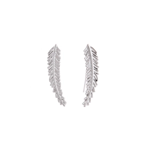 Exaggerated silver leaf shaped ear climbers for women with detailed feather vein texture