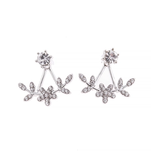 Silver flower and leaf stud earrings with clear rhinestones on white background