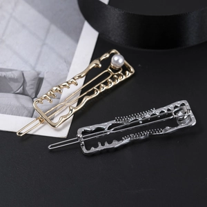 Minimalist alloy hair clips in gold and silver with rectangular frames and small pearls