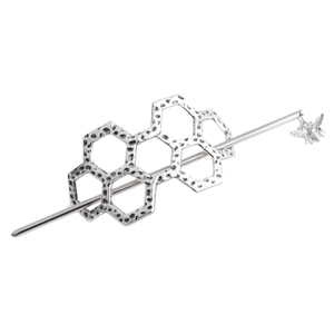 Antique silver honeycomb hair pin with a delicate bee pendant in a minimalist metal design