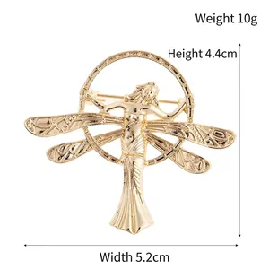 Golden fairy brooch with dragonfly wings in circle, 5.2x4.4cm elegant pin for women