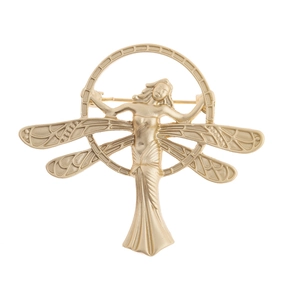 Retro matte gold angel wing brooch with elegant female figure and dragonfly wings in a circle