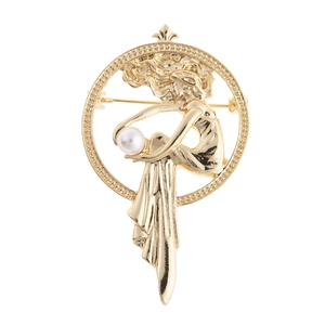 Vintage Art Nouveau Female Portrait Alloy Brooch Elegant Gold Hollow Round Faux Artificial Pearl Pin Jewelry For Women Gift