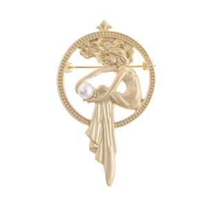 Art Nouveau golden lady brooch featuring a white pearl inlay and circular frame decoration